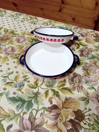 Set 2 Teglie Ceramica Bianche Bordi Blu