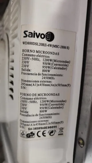 Microondas Saivod 800W Convección/Grill 20L