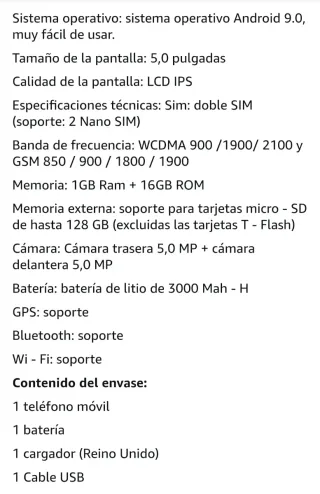 Teléfono Móvil Android 9.0 16GB