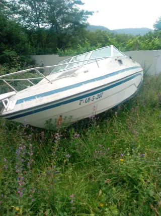 Barco de recreo blanco con detalles azules