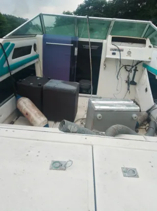 Barco de recreo blanco con detalles azules