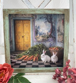 Cuadro verde envejecido conejos entre zanahorias