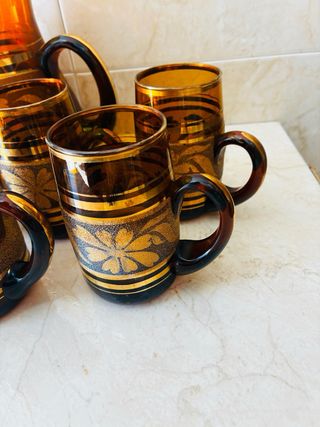 Juego Jarra y 5 Vasos Vintage Dorado
