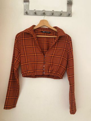 Camisa corta Zara cuadros naranja y marrón