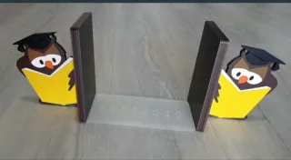 Reggilibri in legno con gufi laureati