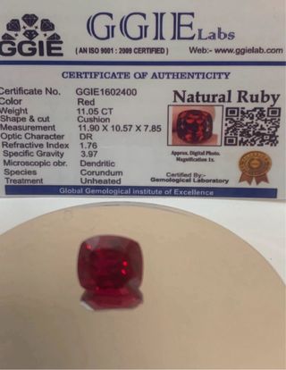Rubí Mogok 11.05 Quilates Impecable