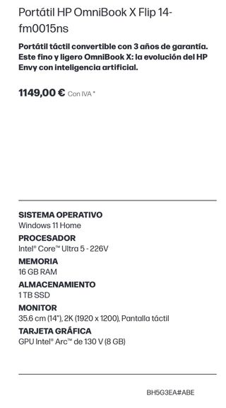 Portátil HP OmniBook Táctil 16GB 1TB PRECINTADO