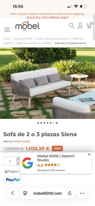 Sofá 3 plazas exterior aluninio y cuerda