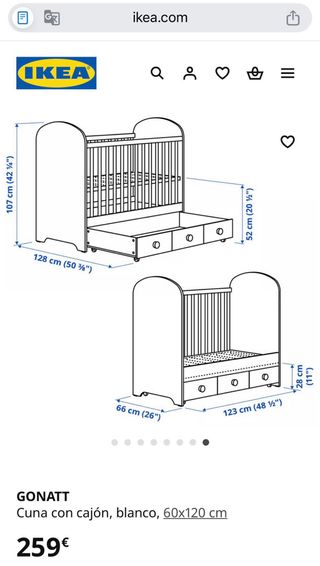 Cuna Gonatt Ikea 60x120 cm Blanca con Cajón