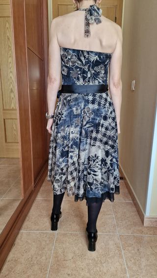 Vestido gasa tul estampado beige y negro