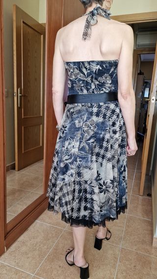 Vestido gasa tul estampado beige y negro