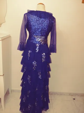 Vestido largo lentejuelas azul y plata
