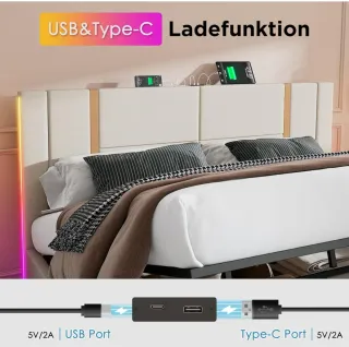 Cama doble acolchada con LED y puerto de carga USB