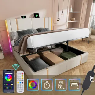 Cama doble acolchada con LED y puerto de carga USB