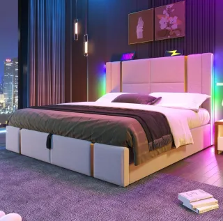 Cama doble acolchada con LED y puerto de carga USB