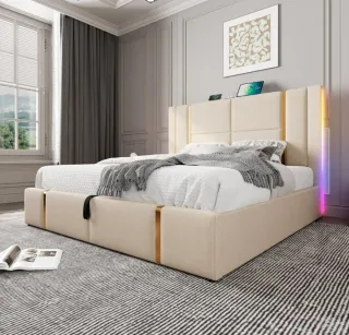 Cama doble acolchada con LED y puerto de carga USB