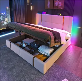 Cama doble acolchada con LED y puerto de carga USB