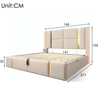 Cama doble acolchada con LED y puerto de carga USB