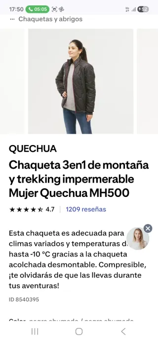Chaqueta Montaña Quechua Negra Talla M