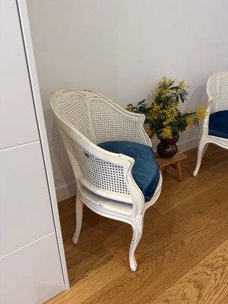 Poltrona classica in rattan e legno, cuscino in velluto