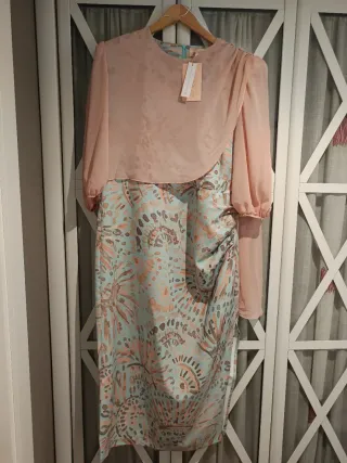 Vestido midi fiesta celeste y rosa