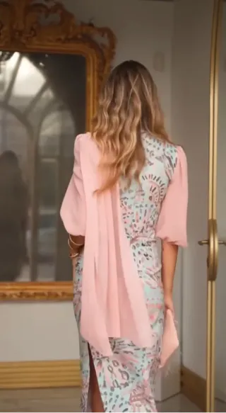 Vestido midi fiesta celeste y rosa