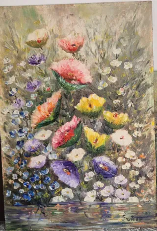 Cuadro al óleo flores pintado sobre tablex