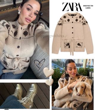 Cárdigan Zara Beige Flores Cinturón