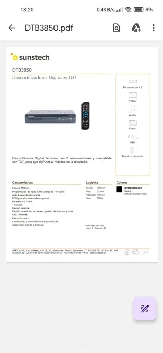 Decodificador TDT Sunstech DTB3850