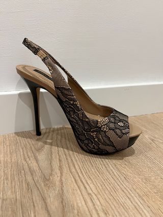 Zapatos Zara Tacón Encaje Beige/Negro