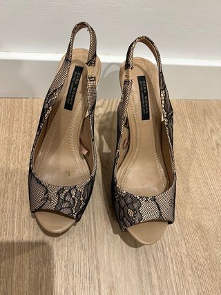 Zapatos Zara Tacón Encaje Beige/Negro