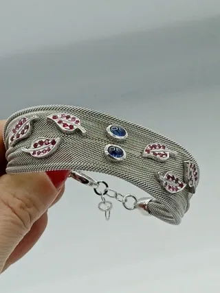 Bracciale Rete Argento 925 con Zirconi Rossi e Blu