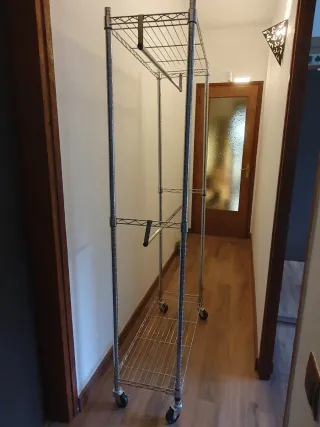Burra/Perchero ropa doble barra, estantes y ruedas