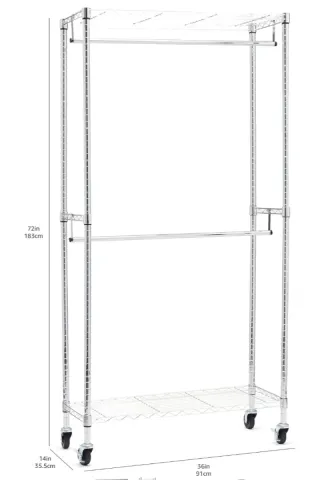 Burra/Perchero ropa doble barra, estantes y ruedas