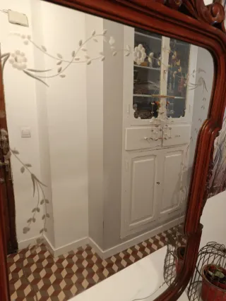 Espejo Antiguo Madera Tallada Cristal Decorado