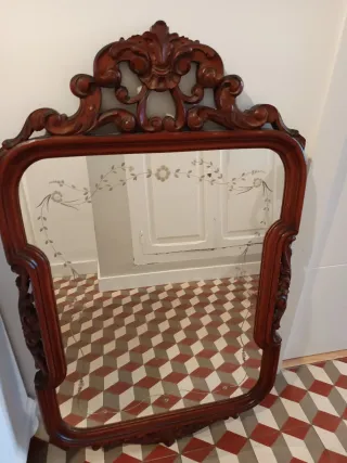 Espejo Antiguo Madera Tallada Cristal Decorado