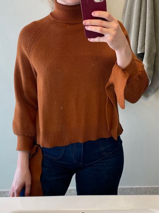 Jersey lana marrón lazos cuello alto