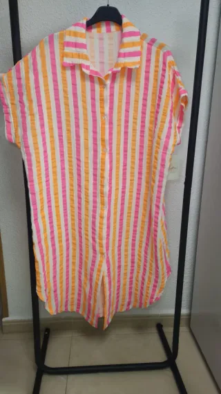 Vestido playero rayas naranja y rosa