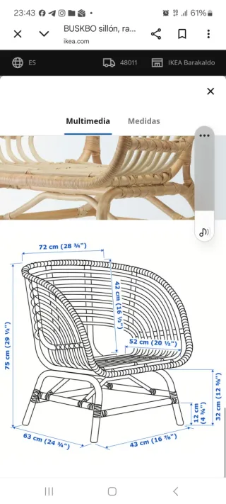 Poltrona in rattan Ikea Buskbo + Cuscino