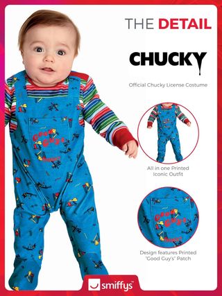 Smiffys Disfraz Chucky Baby Nuevo (talla 6 a 9 meses) azul y rojo, body todo en uno, licencia oficial, traje icónico impreso con parche de Good Guy, perfecto para Halloween y disfraces familiares ...