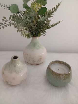 Set 2 Jarrones y Vela Cerámica Verde Agua