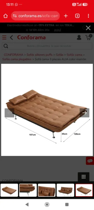 Sofá cama 3 plazas marrón piel.