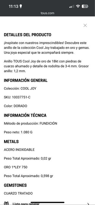 Anillo TOUS Oro 18kt Cuarzo Rosa