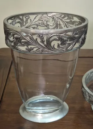 Conjunto Vaso e Jarra Cristal com Detalhes Metal