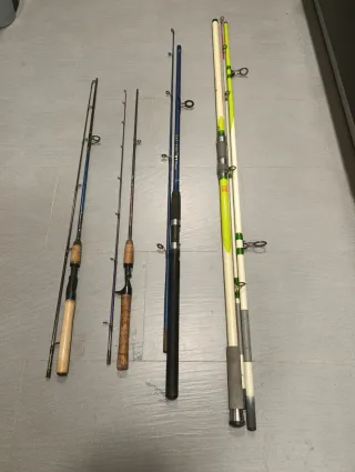 Lote 5 carretes 4 cañas más silla caja y cesta