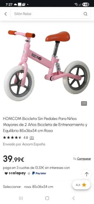 Bicicleta Homcom sin pedales rosa
