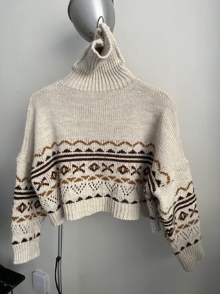 Jersey de punto cuello alto estampado beige S