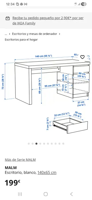 Conjunto Escritorio, cajonera y estantería MALM