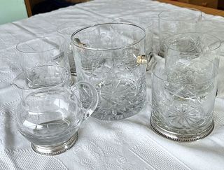Juego vintage 6 vasos + cubitera + jarra – Cristal