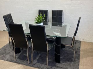 Mesa cristal + 6 sillas negras - Envio gratis
